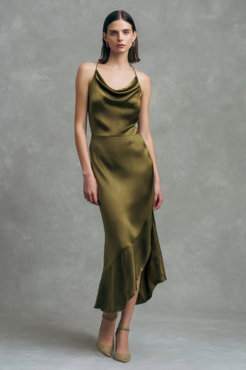 Olive Satin Cowl Neck Long Formal Dress with Ruffled Hem